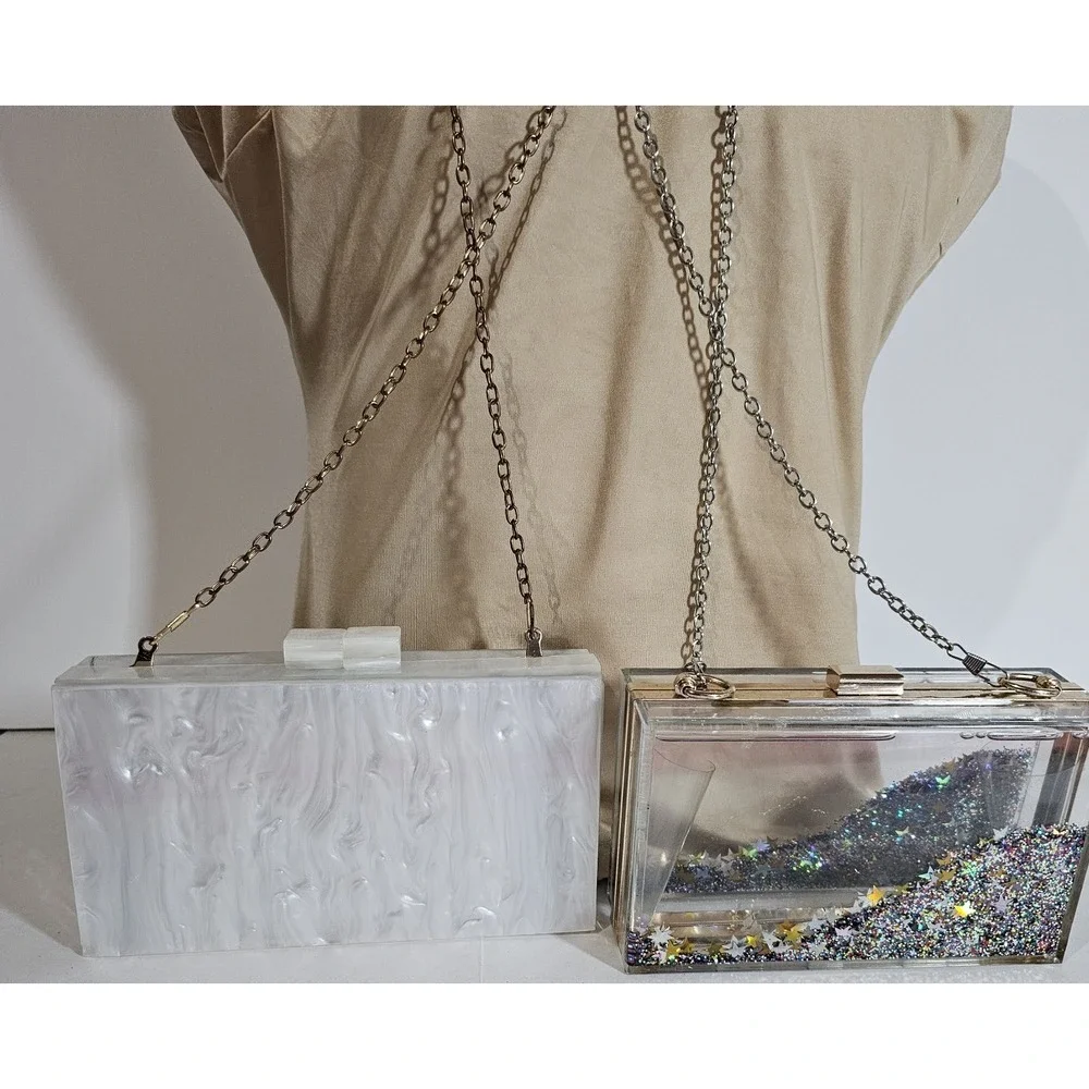 Lot 2 White Acrylic Purse Blue Evil Eye & Glitter Bomb Chain Shoulderbag Clutch